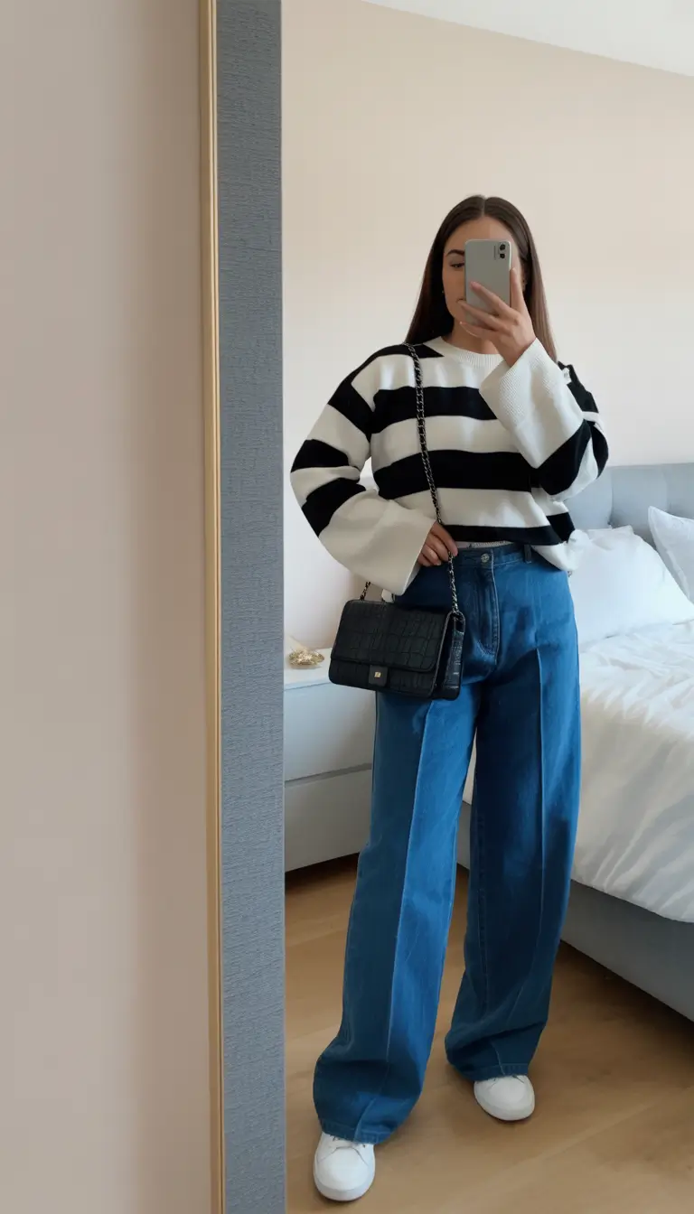 modest spring outfits cute 2026 Striped Knit With Wide Casual Jeans