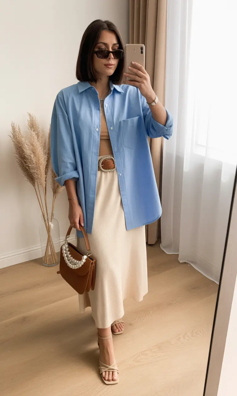 modest spring outfits cute 2026 Pastel Blue Layers With Soft Neutrals