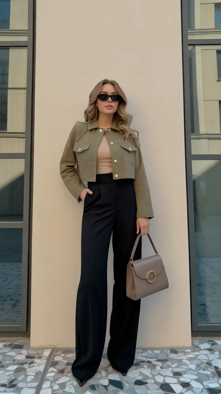 modest spring outfits cute 2026 Structured Cropped Jacket With Tailored Trousers