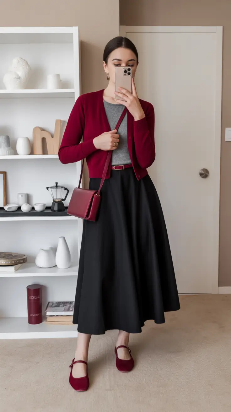 modest spring outfits cute 2026 Vintage Inspired Burgundy and Black Harmony