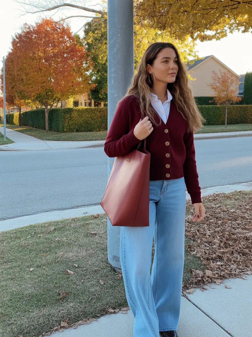 spring outfits aesthetic Cranberry Cardigan with Soft Retro Denim