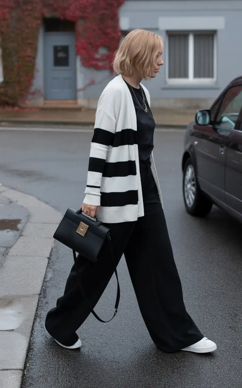 spring outfits cold Stripes and Soft Layers for Rainy Spring Streets