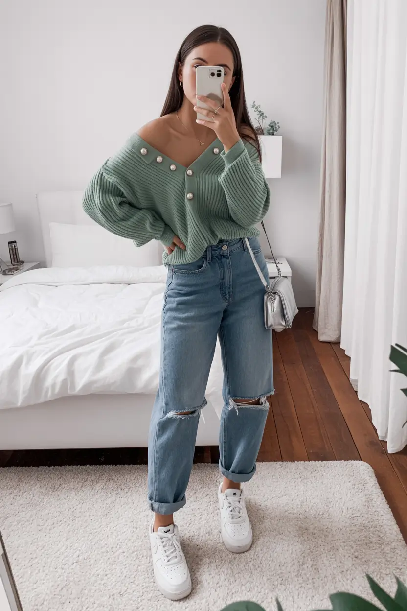 spring outfits aesthetic Mint Knit Freshness with Relaxed Denim Energy