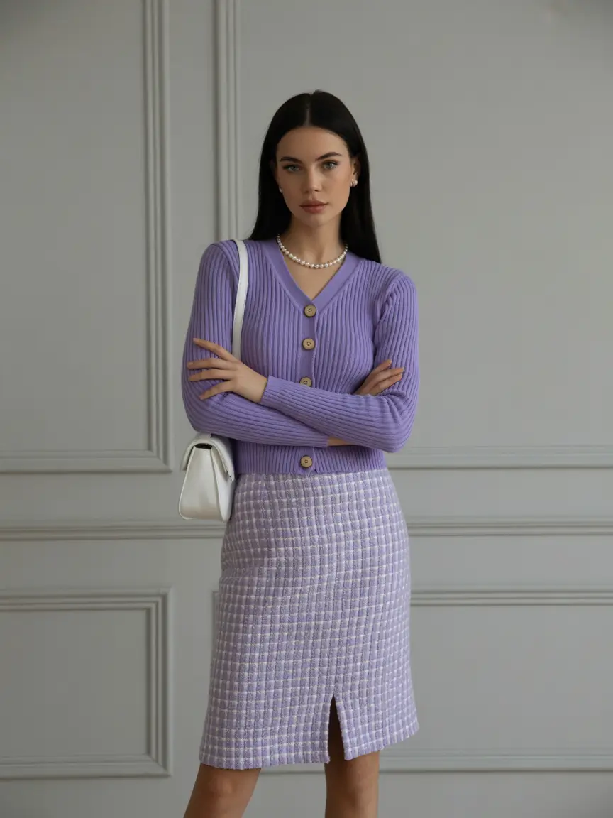 professional spring business casual outfits 2026 Lavender Knit Set With a Polished Skirt