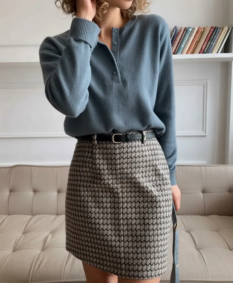 professional spring business casual outfits 2026 Muted Blue Knit With a Patterned Mini Skirt