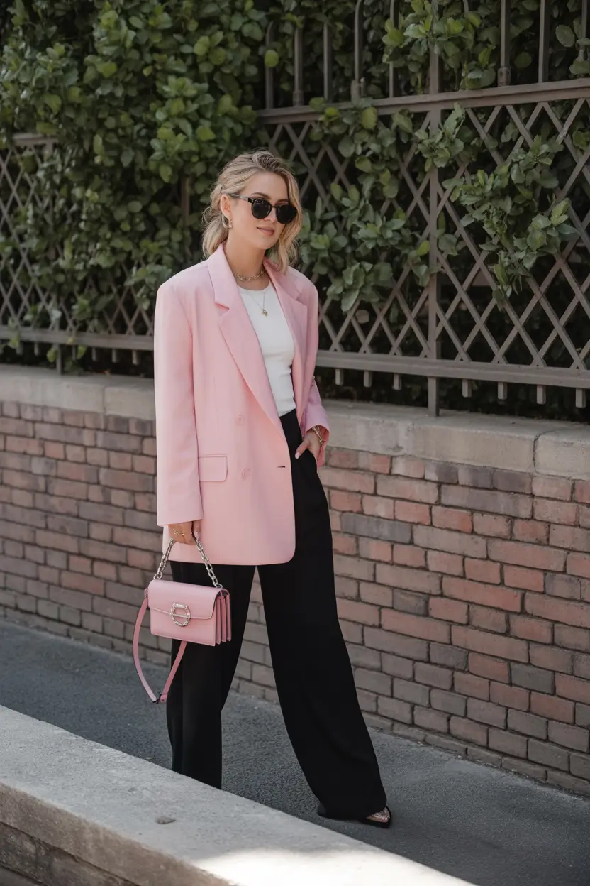 professional spring business casual outfits 2026 Blush Blazer With Black Tailored Trousers