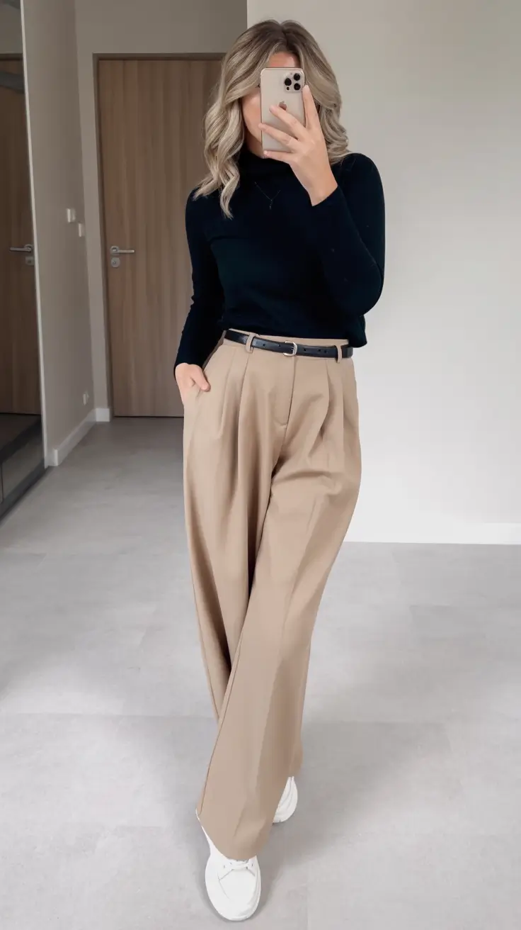 professional spring business casual outfits 2026 Black Knit Paired With Warm Tan Tailoring