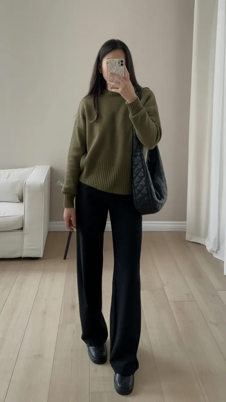professional spring business casual outfits 2026 Olive Knit With Relaxed Black Tailoring