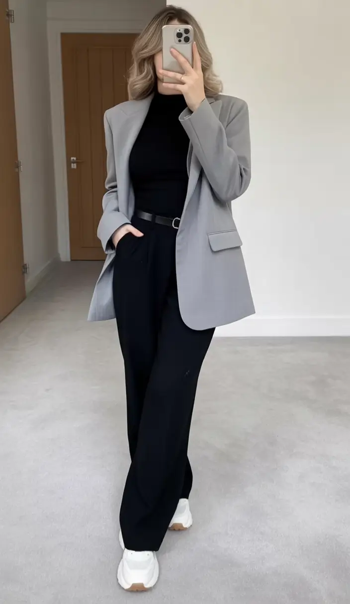 professional spring business casual outfits 2026 Grey Blazer With Monochrome Black Layers