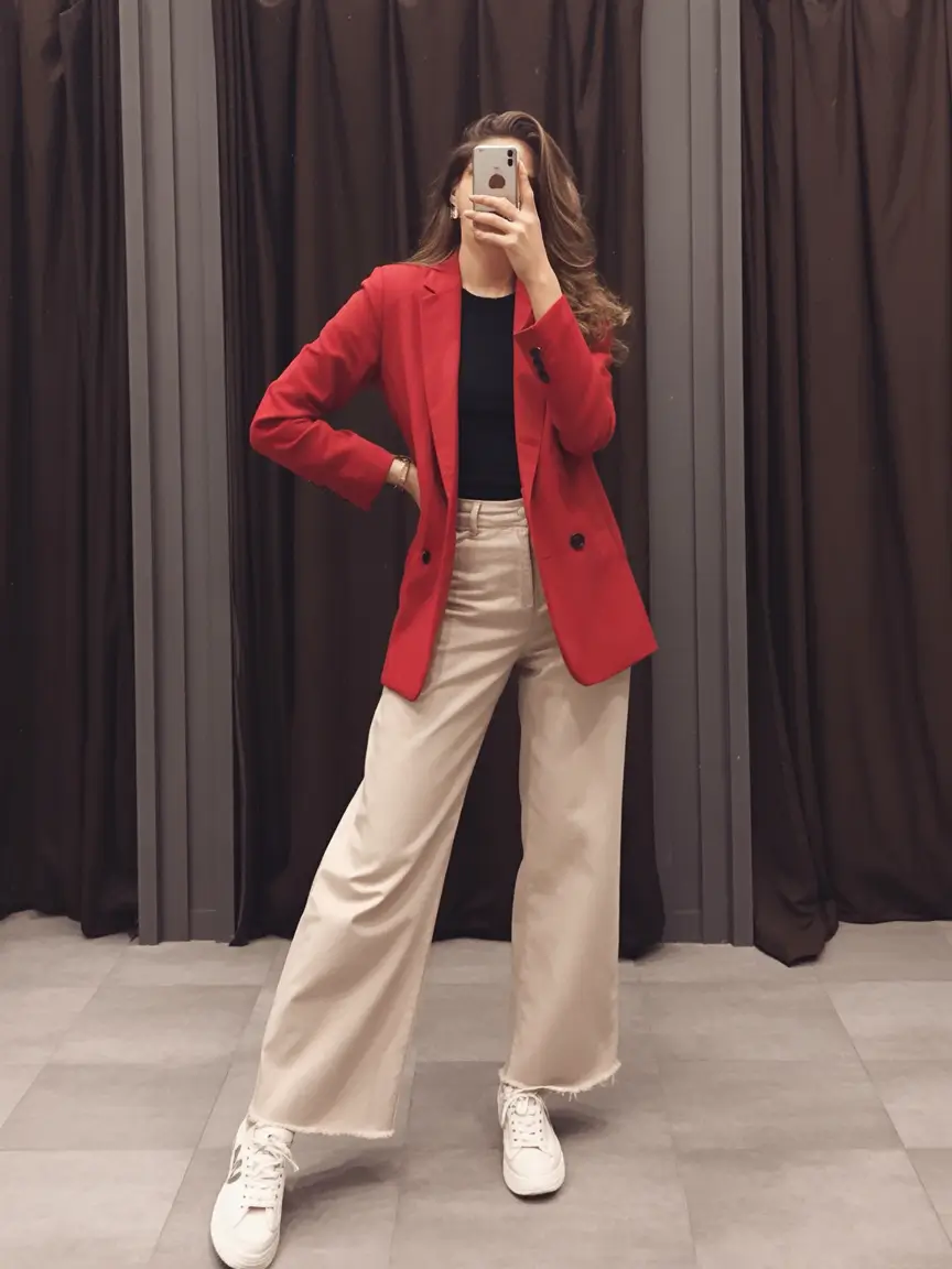 professional spring business casual outfits 2026 Red Blazer With Cream Wide Leg Pants
