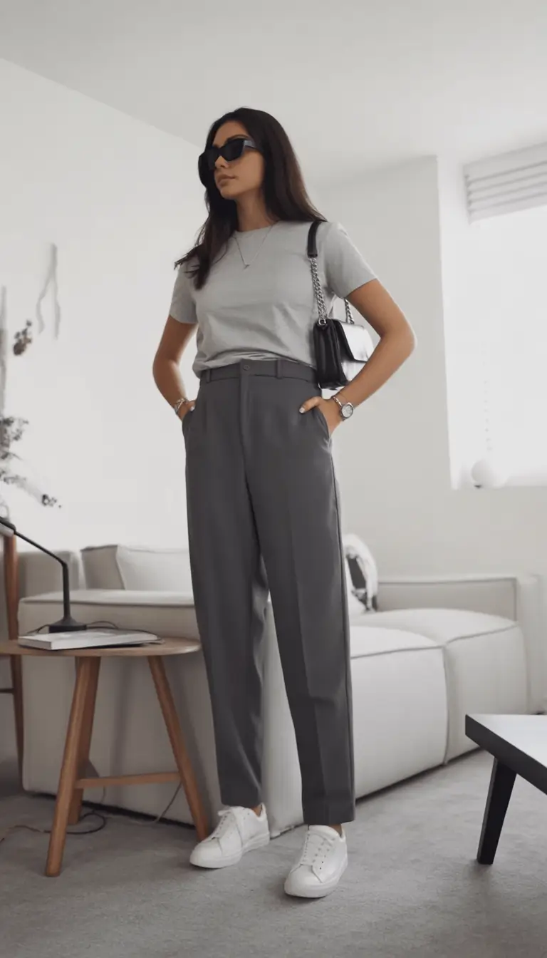 professional spring business casual outfits 2026 Grey Tones With Effortless Tailored Trousers