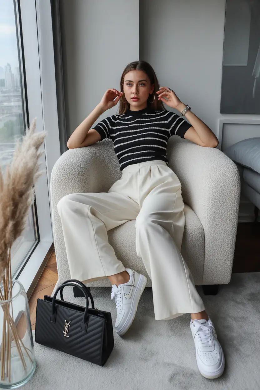 professional spring business casual outfits 2026 Striped Knit With Clean Cream Tailoring