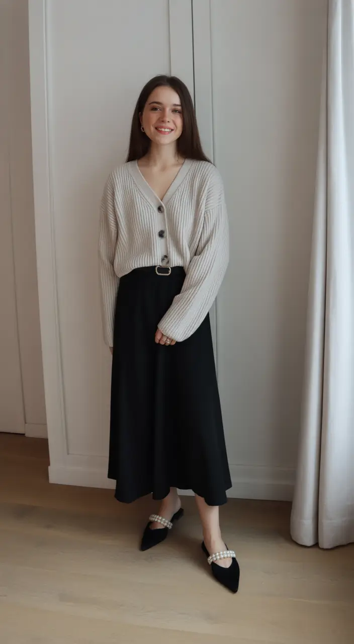 professional spring business casual outfits 2026 Cozy Cardigan With a Flowing Black Skirt