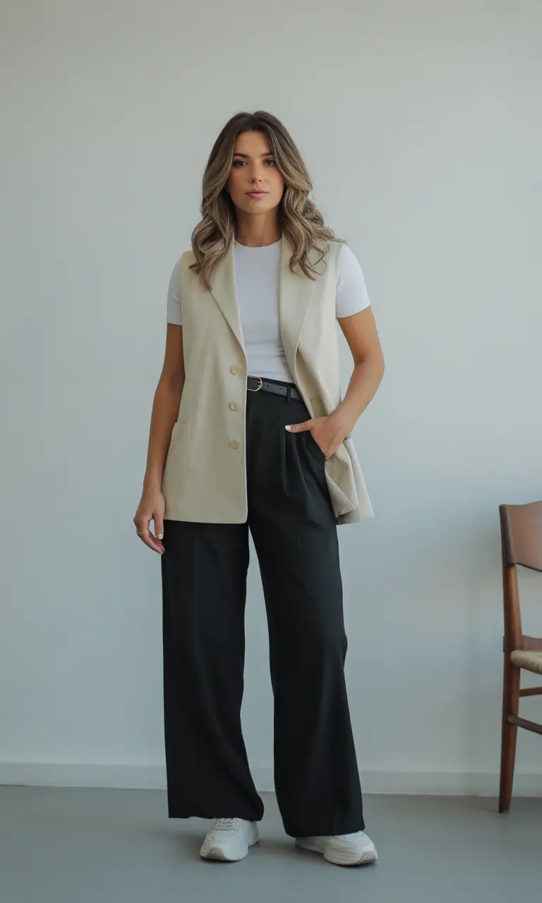 professional spring business casual outfits 2026 Soft Tailored Vest With Classic Work Trousers