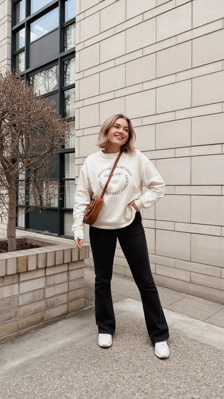 rustic leggings outfit spring 2026 Soft Graphic Sweater for a Casual Flared Spring Mood