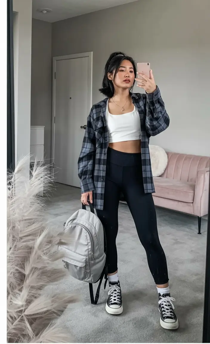 rustic leggings outfit spring 2026 Laid Back Plaid Energy for a Rustic Spring Start