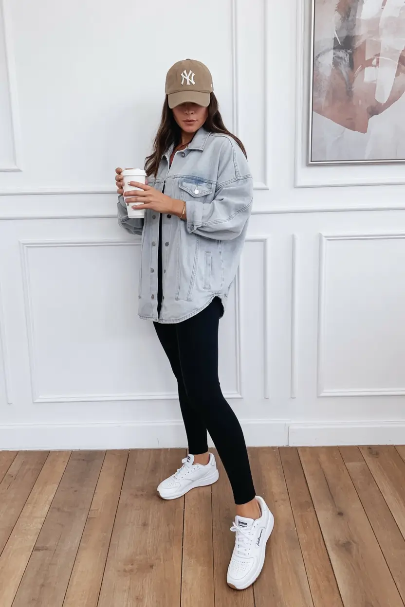 rustic leggings outfit spring 2026 Light Denim Layers for an Easy Spring Coffee Moment