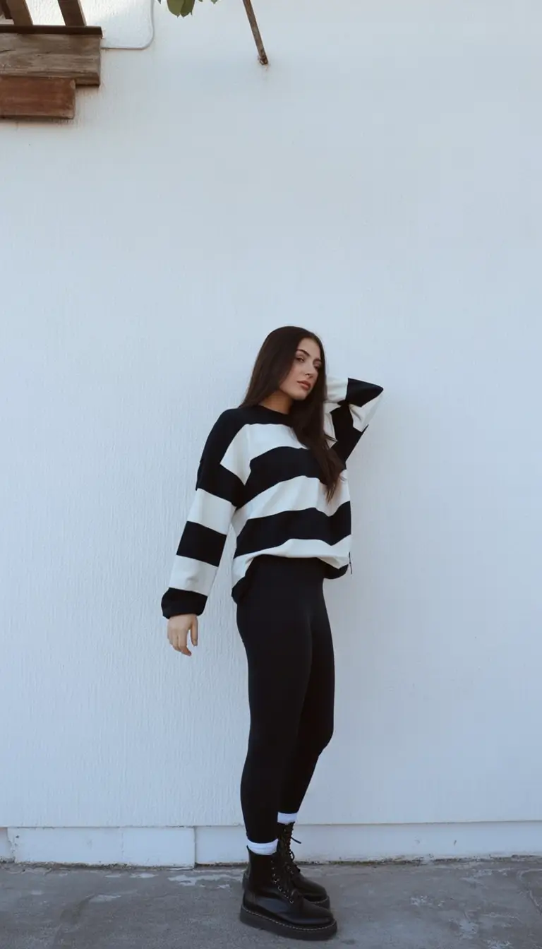 rustic leggings outfit spring 2026 Bold Stripes and Black Basics for a Confident Rustic Moment