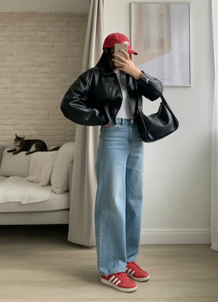 rustic spring date night outfit 2026 Sporty Leather Mix With Relaxed Spring Denim