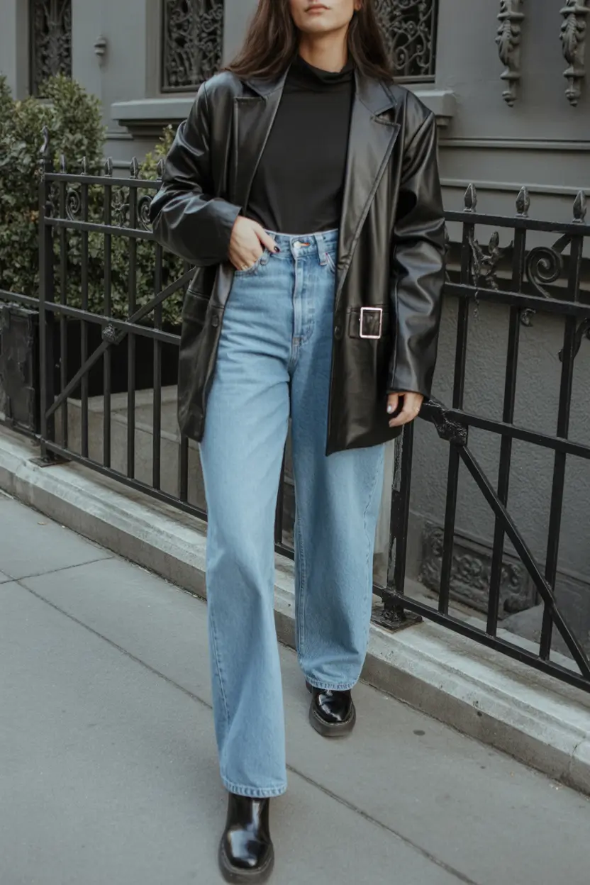 rustic spring date night outfit 2026 Leather and Denim for Cool Spring Urban Nights