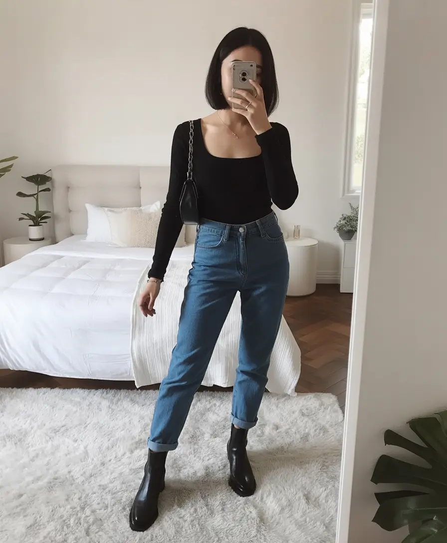 rustic spring date night outfit 2026 Clean Black Knit and Denim for Effortless Romantic Simplicity
