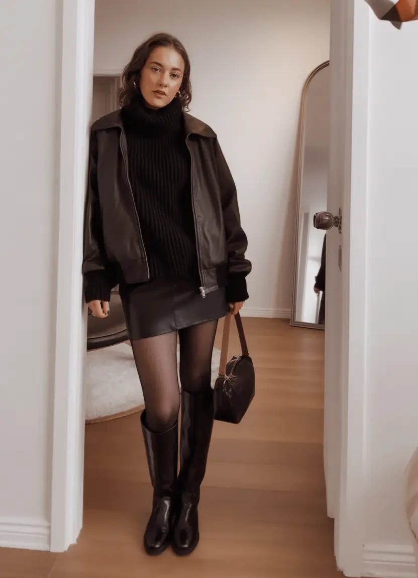 rustic spring date night outfit 2026 Cozy Leather and Knit For Moody Spring Nights