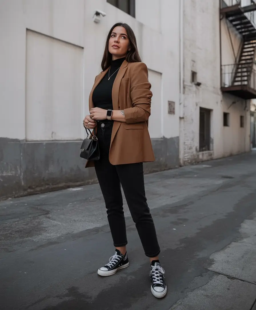 rustic spring date night outfit 2026 Warm Camel Blazer for Polished Rustic Ease