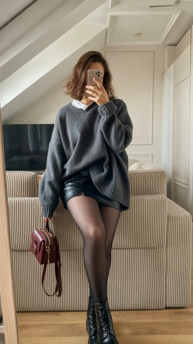 rustic spring date night outfit 2026 Oversized Knit With Leather Mini For Cozy Rustic Charm