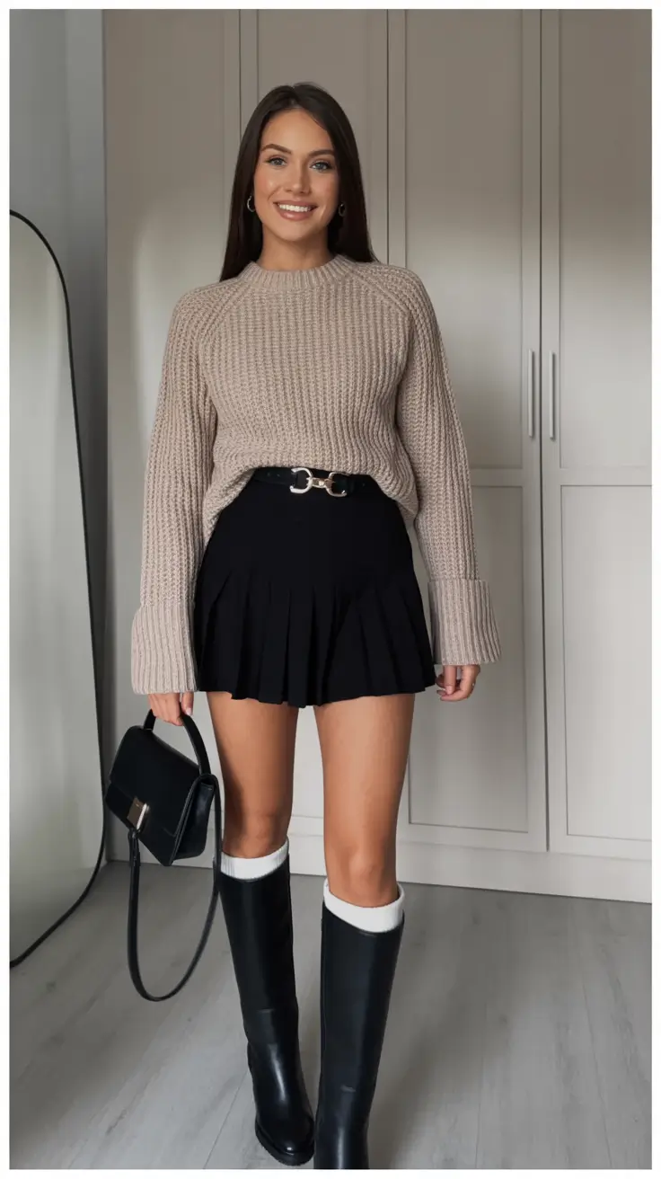 rustic winter to spring outfits 2026 Soft Sweaters and Pleated Skirts with a Classy Transitional Touch