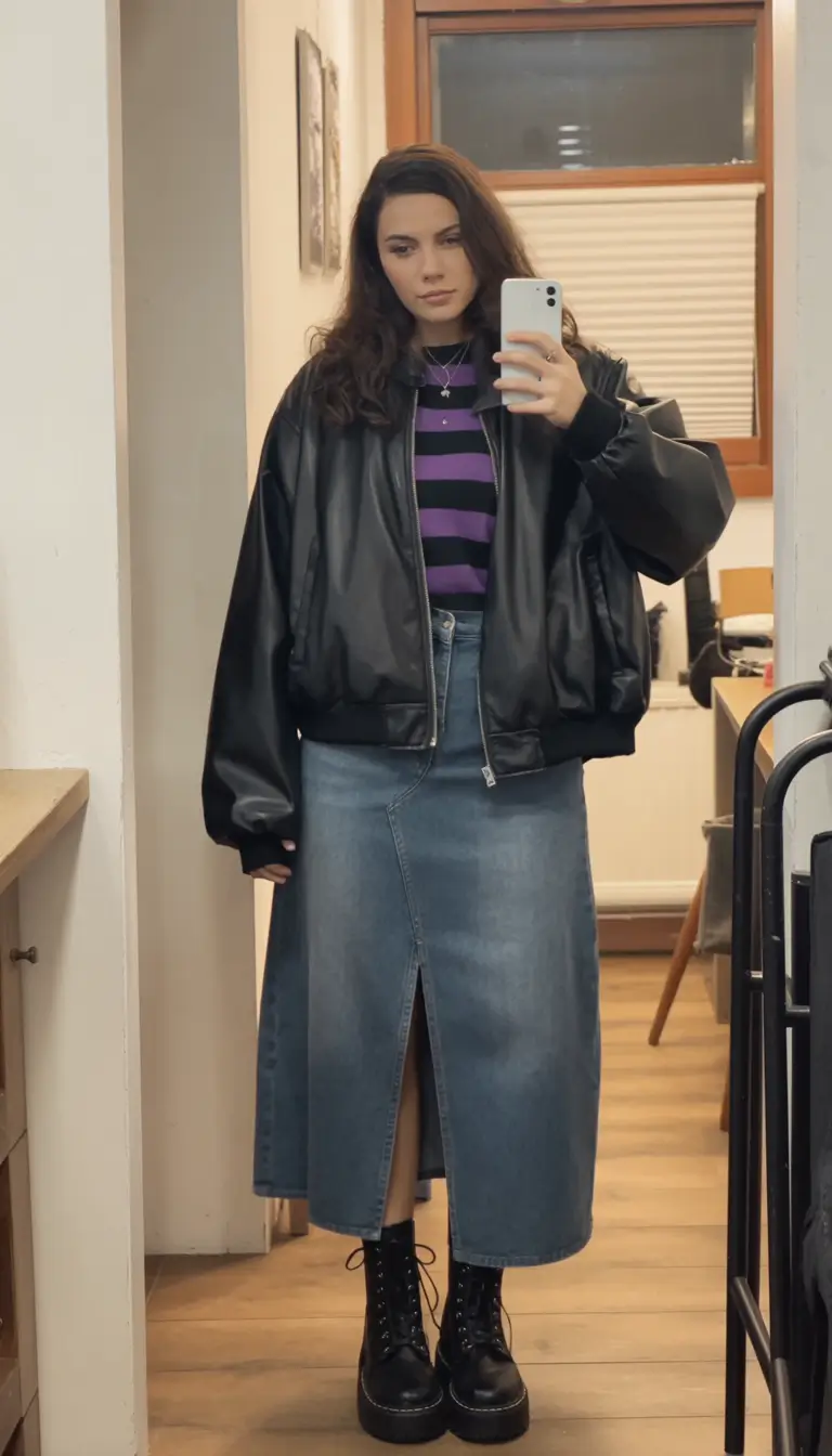 rustic winter to spring outfits 2026 Edgy Layers with a Denim Skirt for Transitional Cool