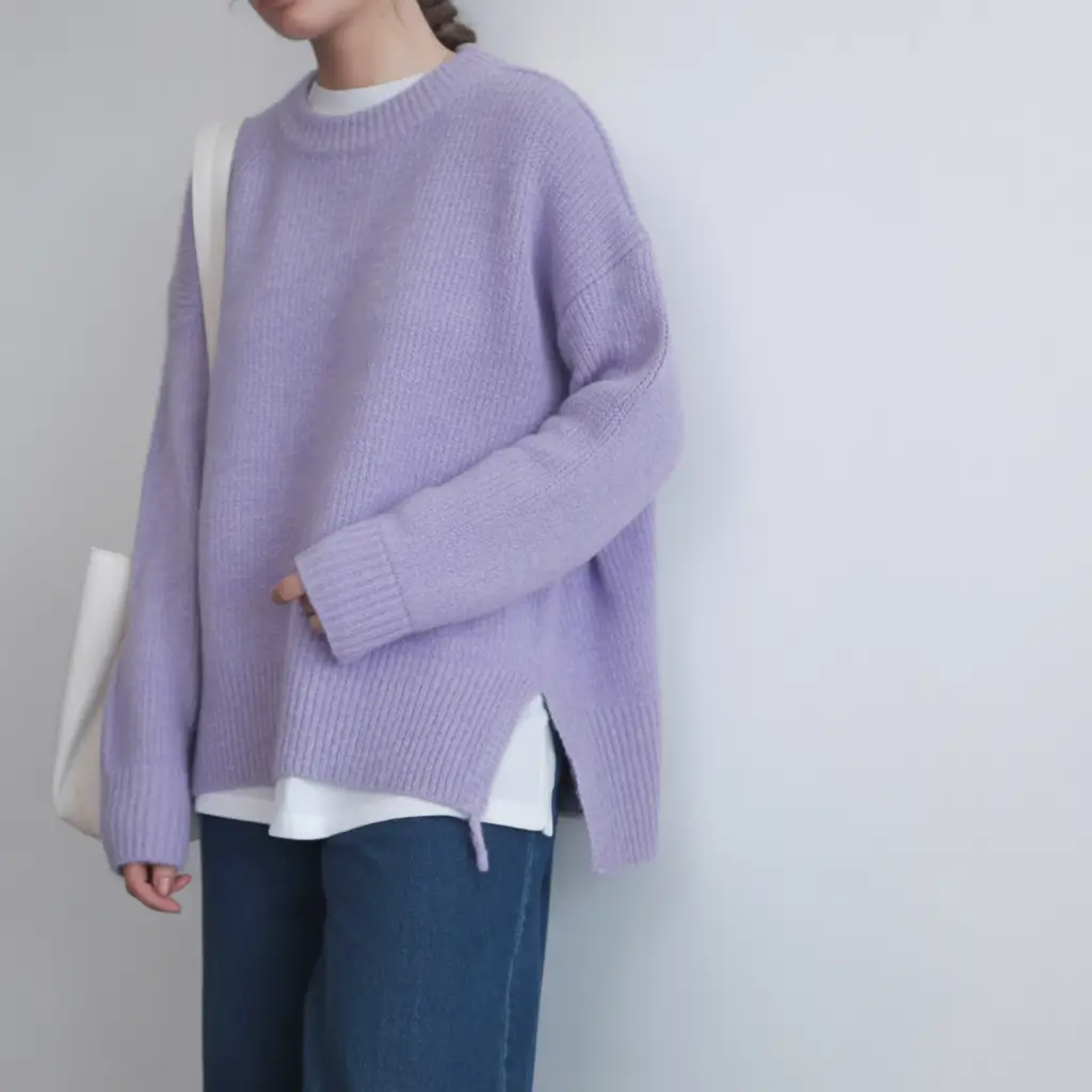 sophisticated spring transition outfits for 2026 Lavender Knit With Relaxed Denim Ease