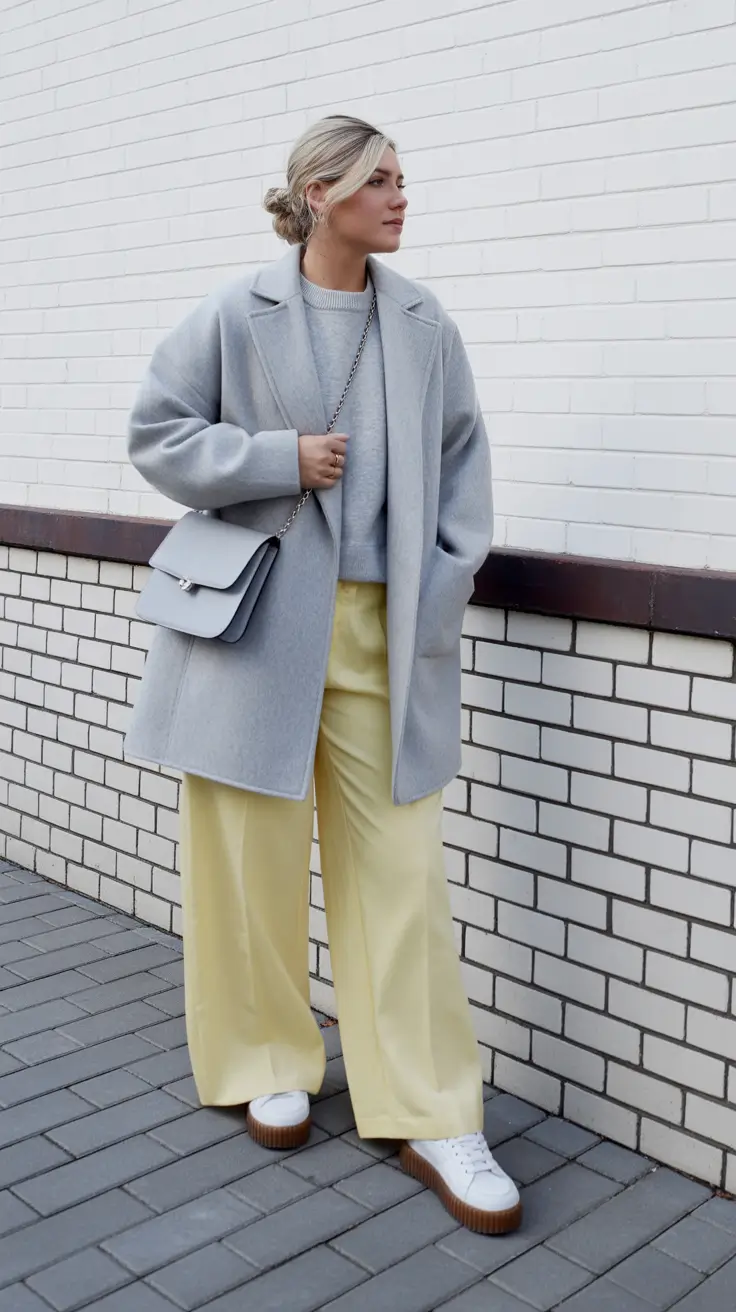 sophisticated spring transition outfits for 2026 Soft Gray Coat With Buttery Yellow Lightness