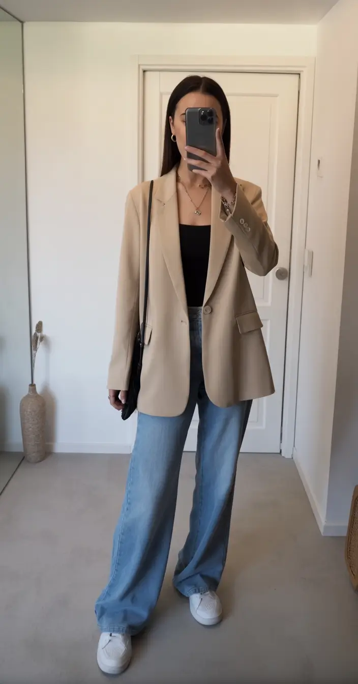 spring blazer outfits for casual wear 2026 Camel Tailoring With Effortless Denim Ease