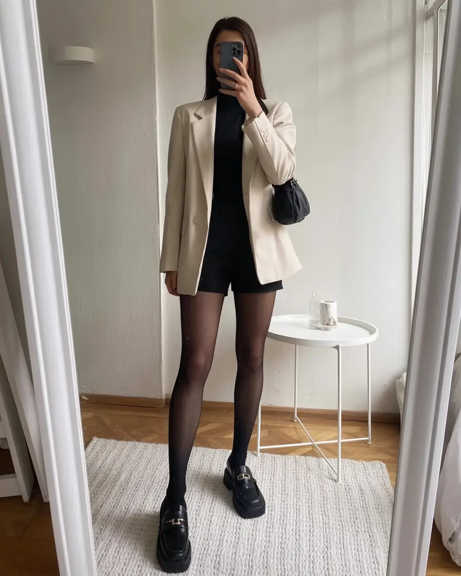 spring blazer outfits for casual wear 2026 Cream Blazer With Sleek Black Layers for Modern Spring Evenings