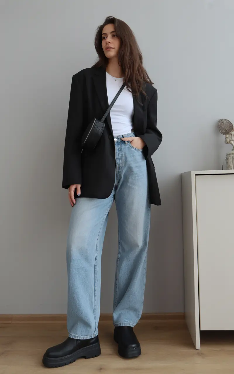 spring blazer outfits for casual wear 2026 Oversized Black Blazer With Light Denim for Classic Cool Energy