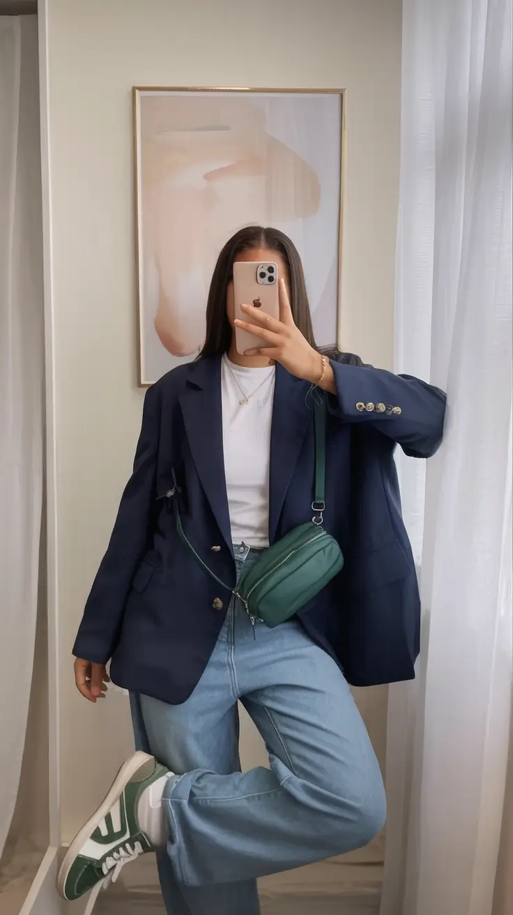 spring blazer outfits for casual wear 2026 Navy Tailoring With Playful Retro Sport Elements