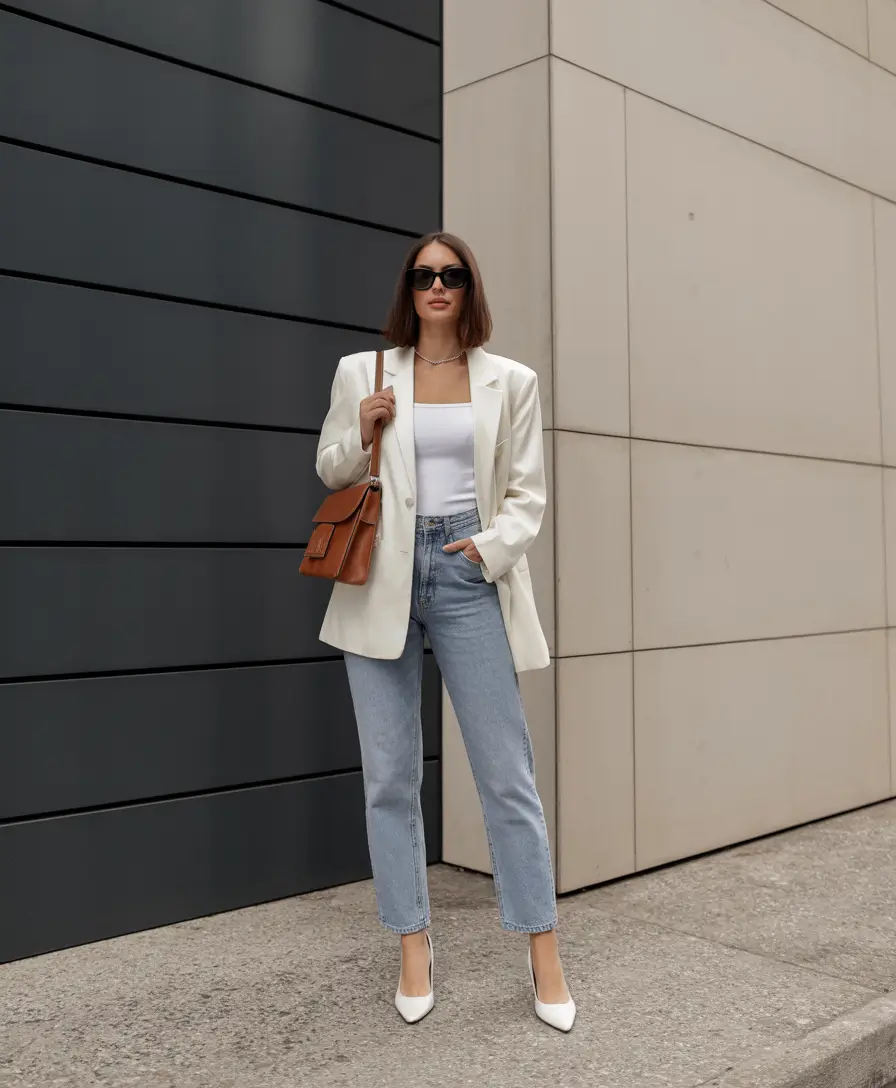 spring blazer outfits for casual wear 2026 Classic Whites With Warm Tan Accents