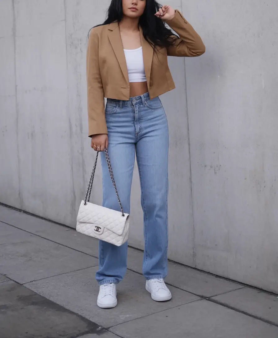spring blazer outfits for casual wear 2026 Cropped Tan Layers With Casual Denim Freshness