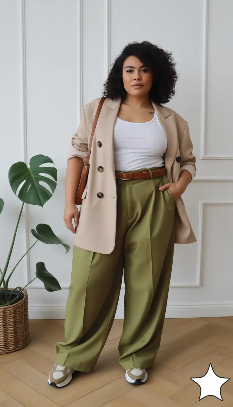 stylish plus size outfits for spring 2026 Neutral Blazer Elegance with Earthy Spring Tones