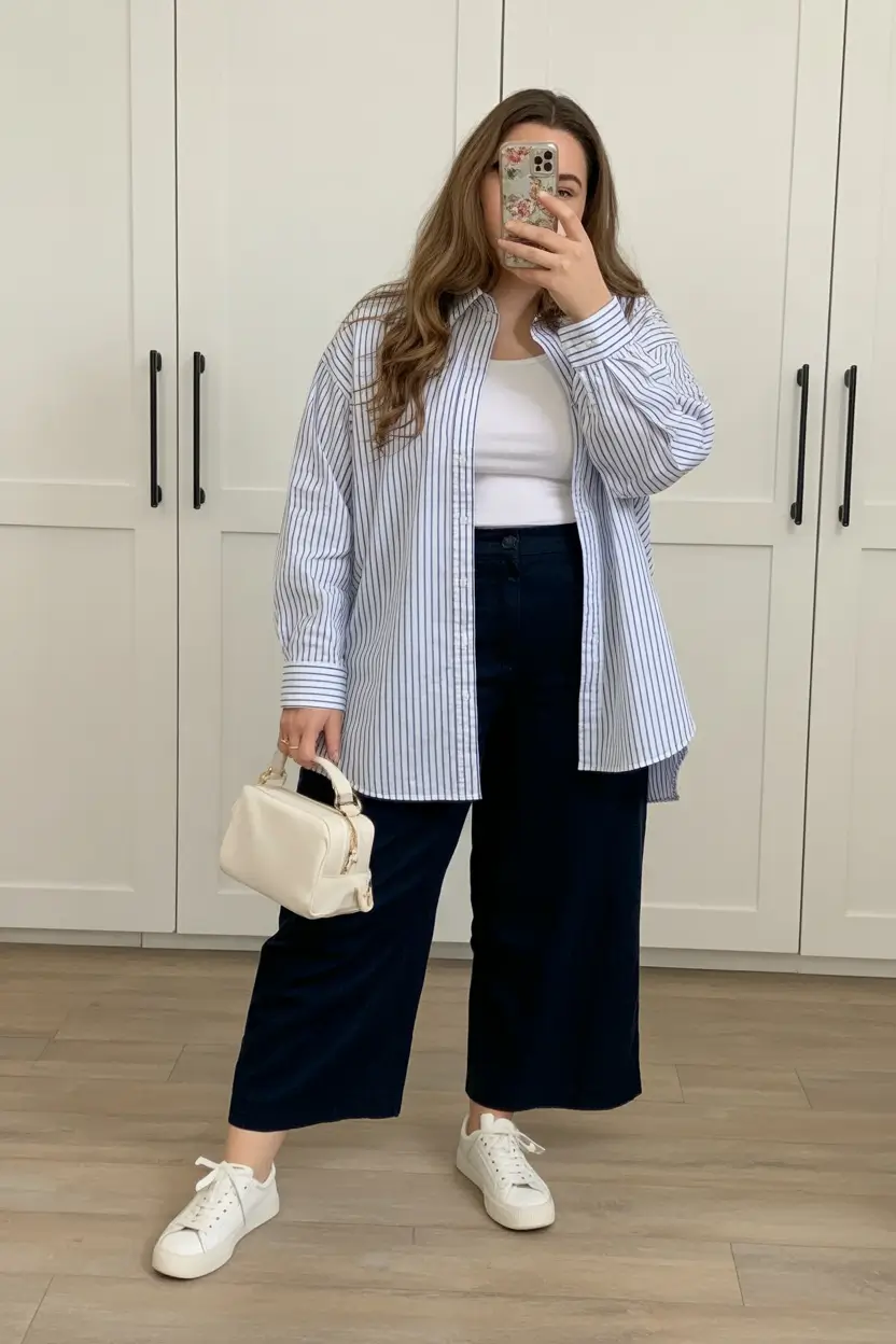 stylish plus size outfits for spring 2026 Striped Overshirt with Clean Navy Crops