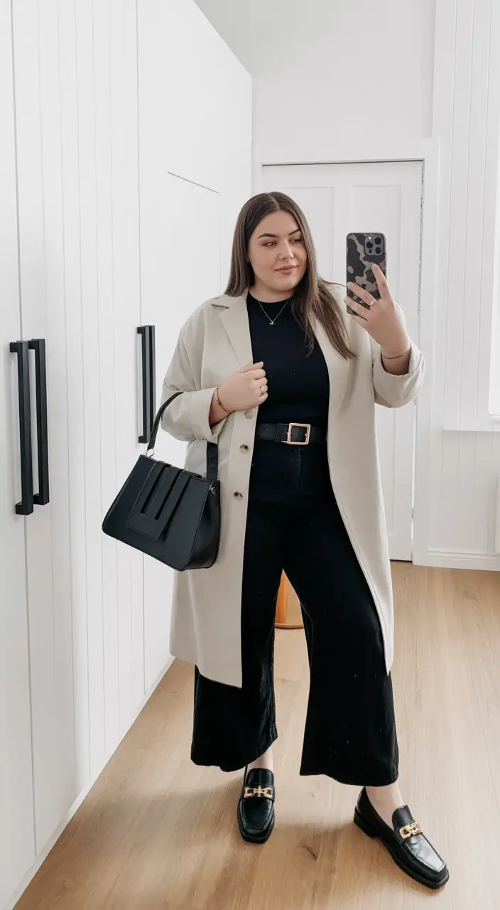 stylish plus size outfits for spring 2026 Soft Neutrals with Tailored Black for Modern Simplicity