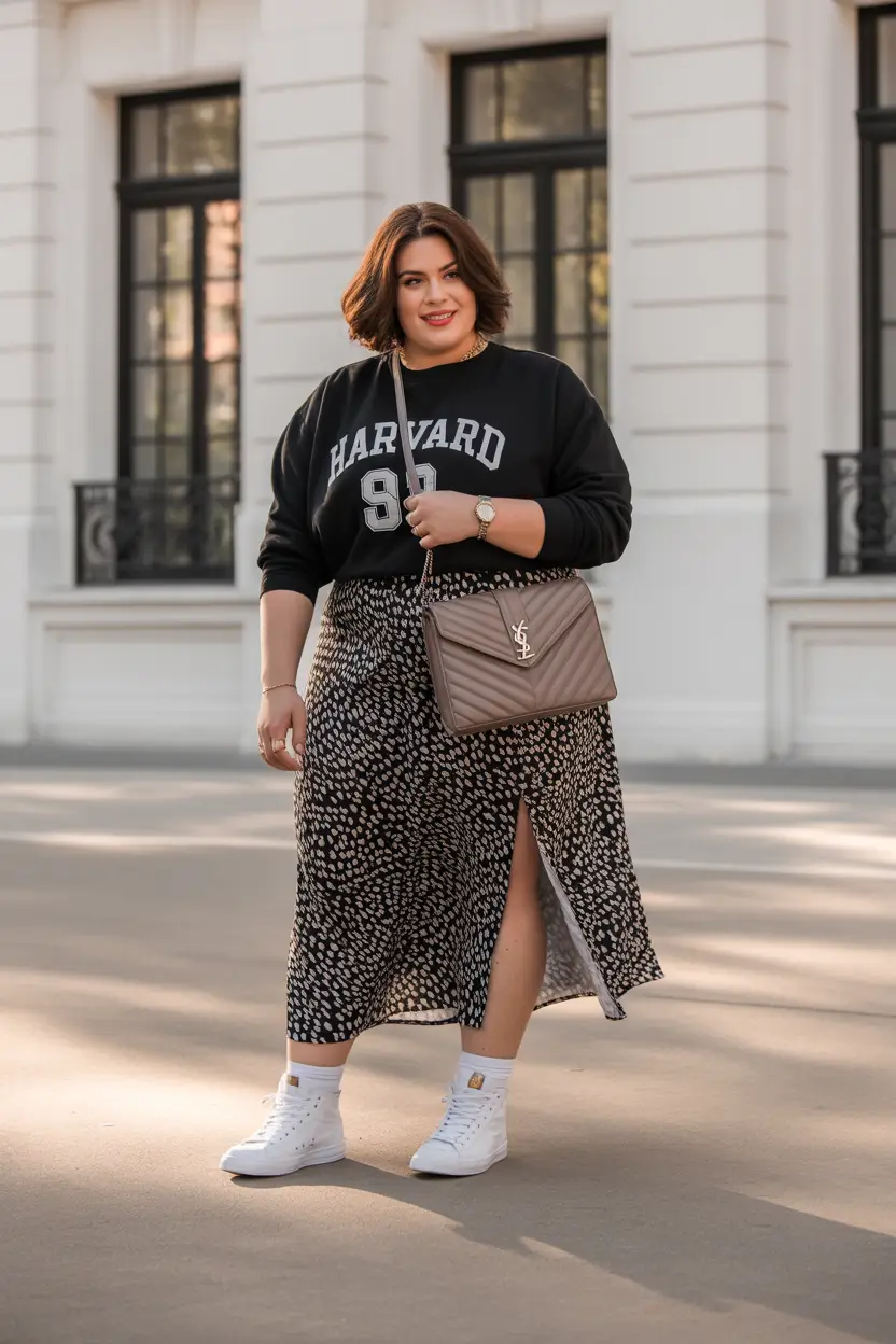 stylish plus size outfits for spring 2026 Sporty Graphic Layers with a Flowing Spring Skirt