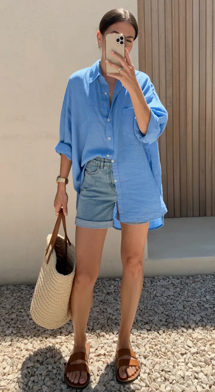 stylish spring beach outfits 2026 Soft Blue Layers with a Fresh Weekend Ease
