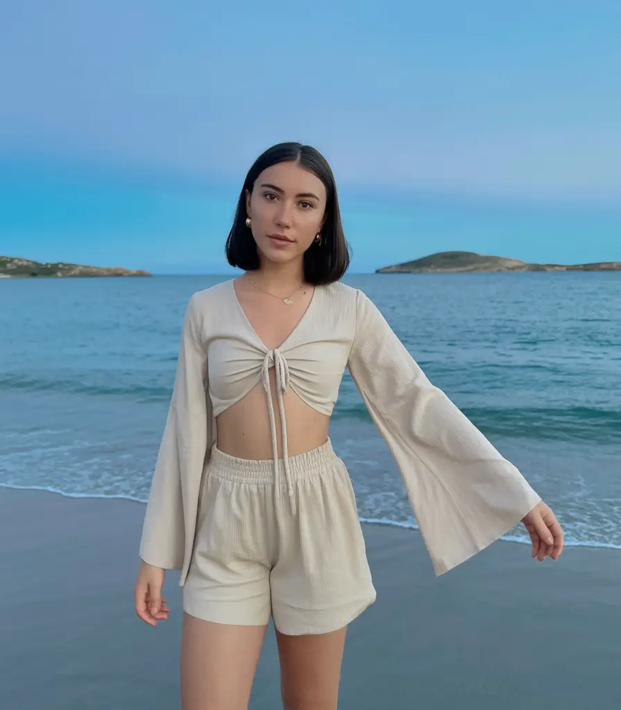 stylish spring beach outfits 2026 Soft Neutral Breeze with a Sunset Calm