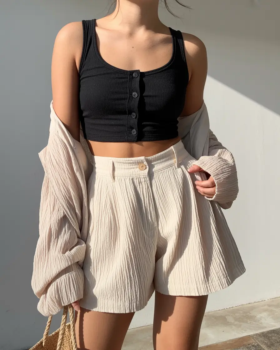 stylish spring beach outfits 2026 Black Contrast with Soft Linen Ease