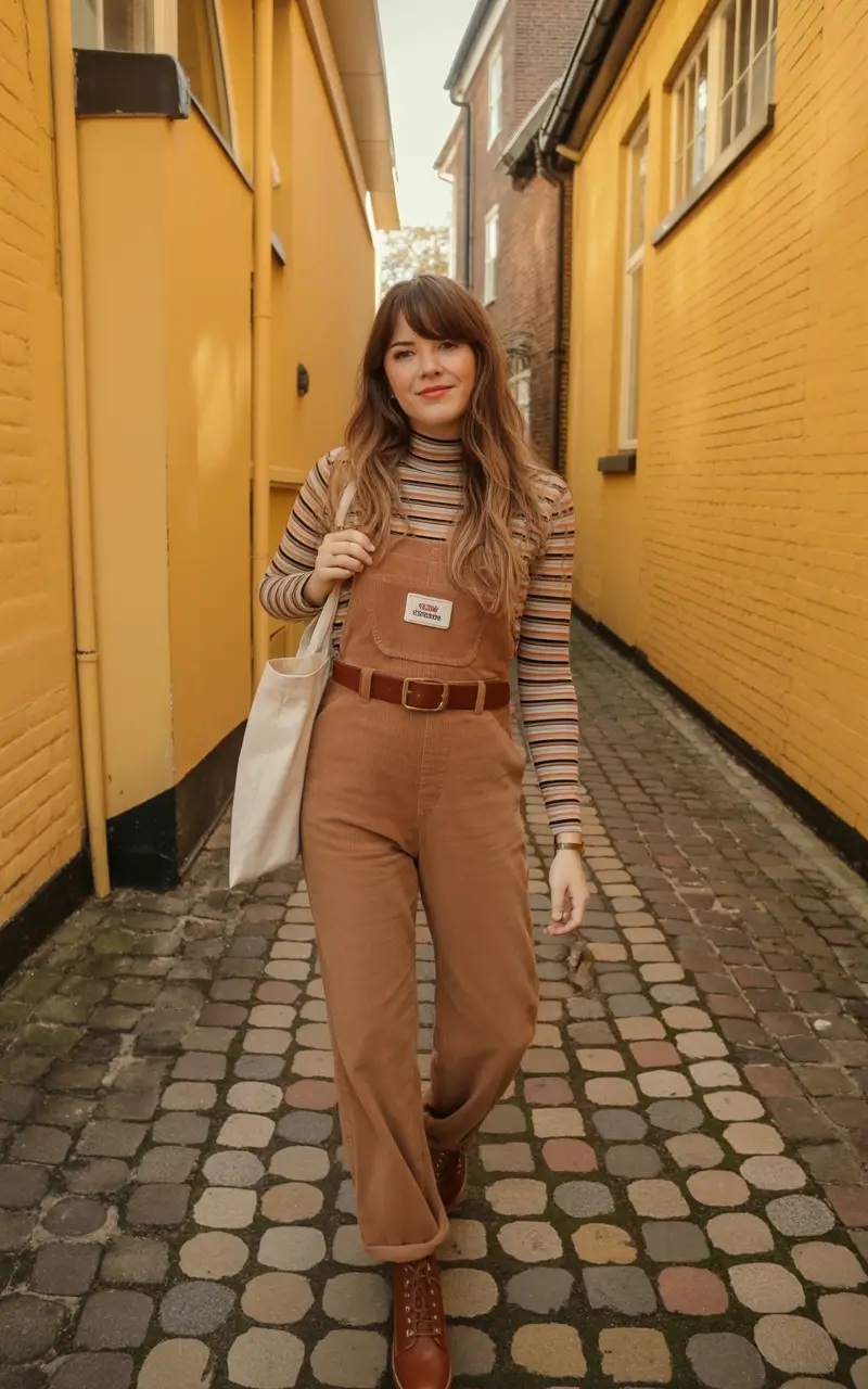 stylish spring outfits boho 2026 Retro Overalls with Warm Stripes