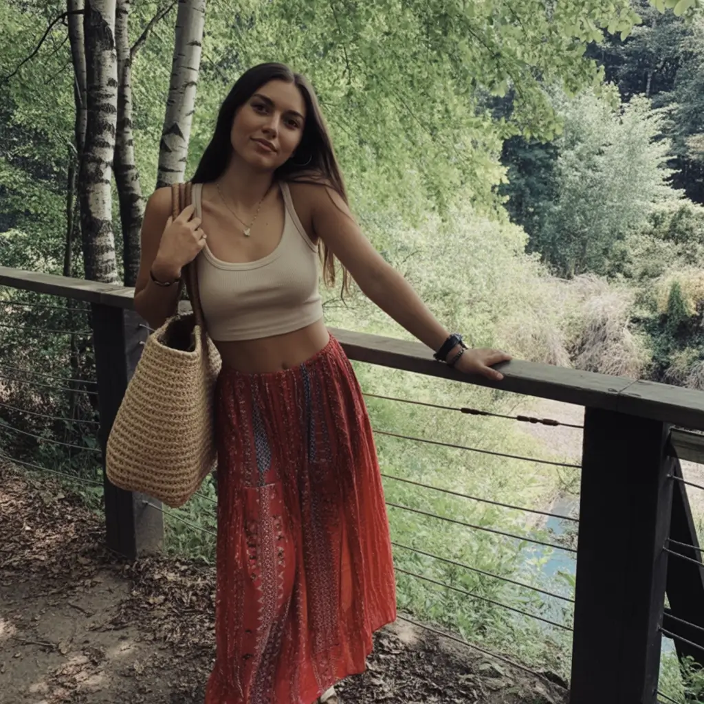 stylish spring outfits boho 2026 Flowy Red Skirt with Natural Texture