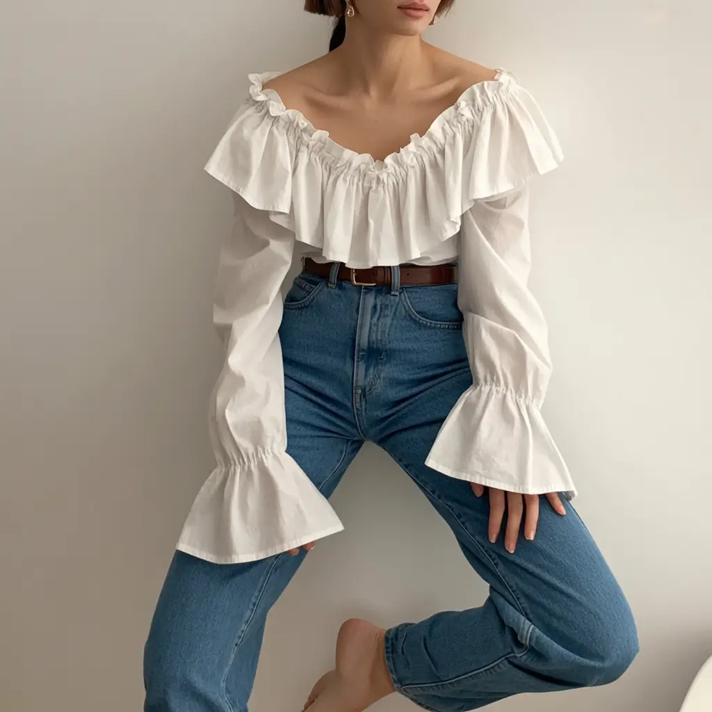 stylish spring outfits boho 2026 Ruffled Off Shoulder Charm with Denim