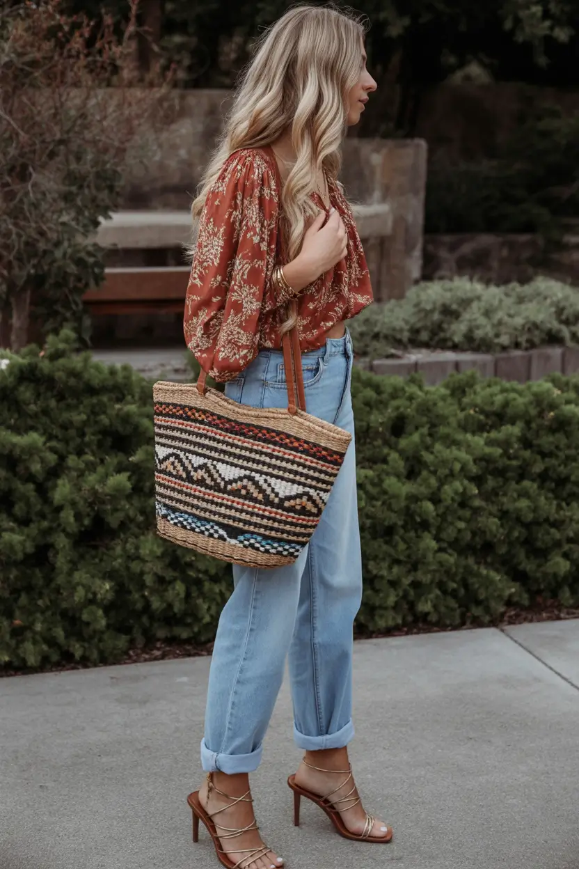 stylish spring outfits boho 2026 Rust Blouse with Relaxed Denim