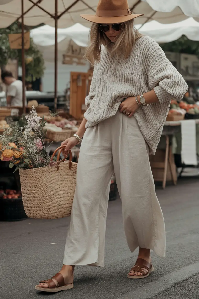 stylish spring outfits boho 2026 Cozy Neutrals at the Market